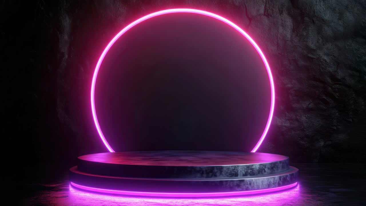 Futuristisk videobaggrund med neonbelyst cirkelformet scene. Optaget fra en lav engel