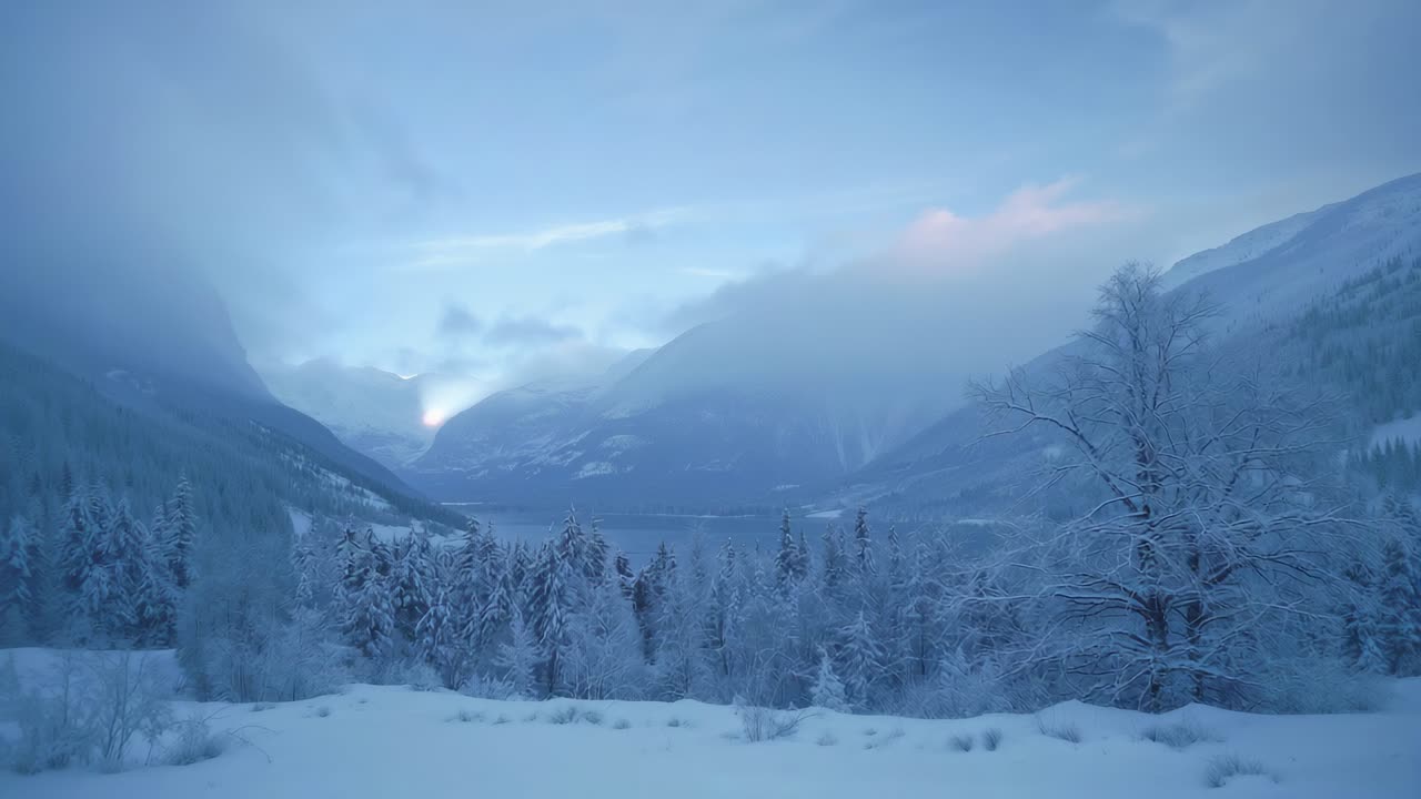 Shifting fog revealing ridge, casting light over snow foreground with frosty pines, bare tree right