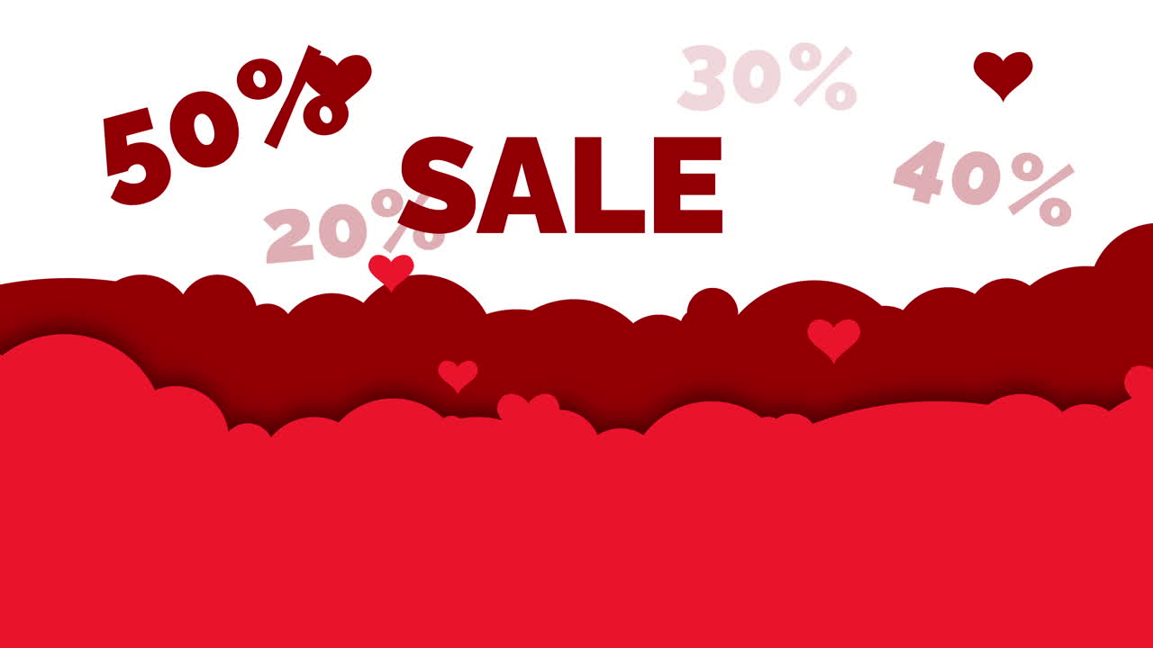 Banner with a red background and flying hearts for valentine's day advertising. Sale and discounts with different percentages. Animation.