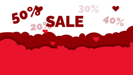 banner with a red background and flying hearts for valentine's day advertising. sale and discounts with different percentages. animation.
