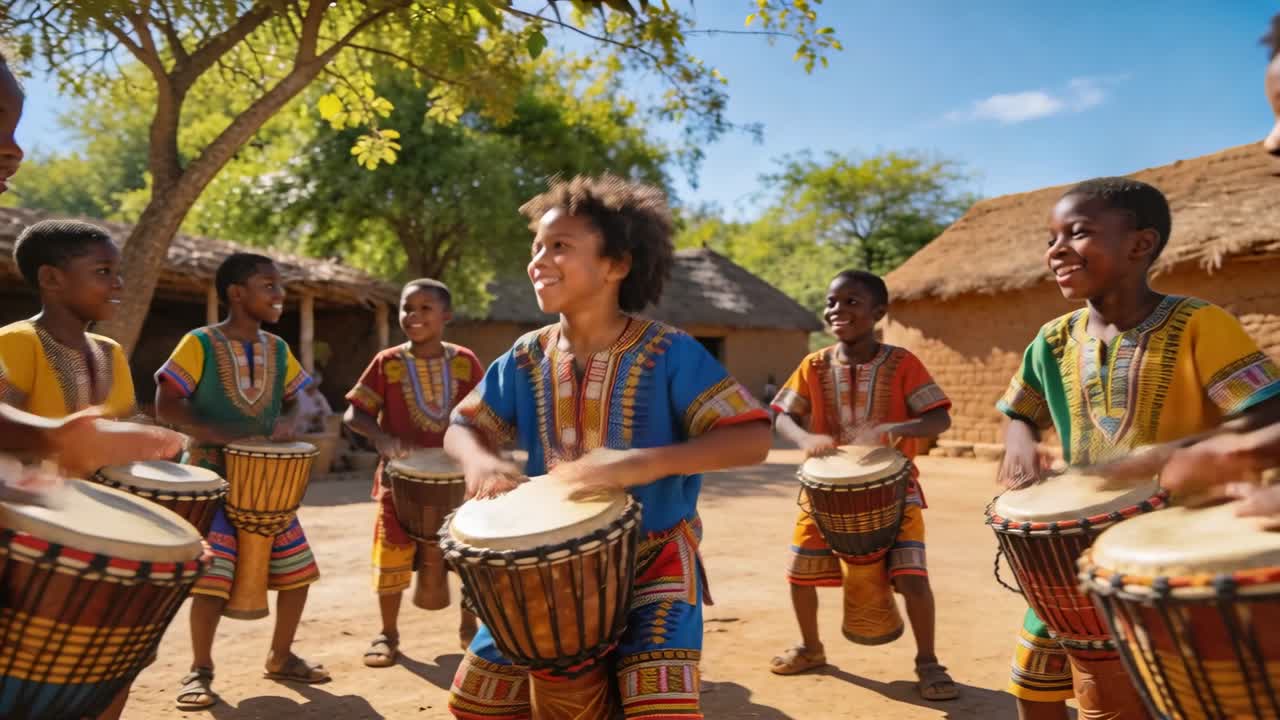 Anak di tengah menabuh jimbe, teman-teman bergabung menabuh drum sementara irama yang hidup menyoroti musik desa.
