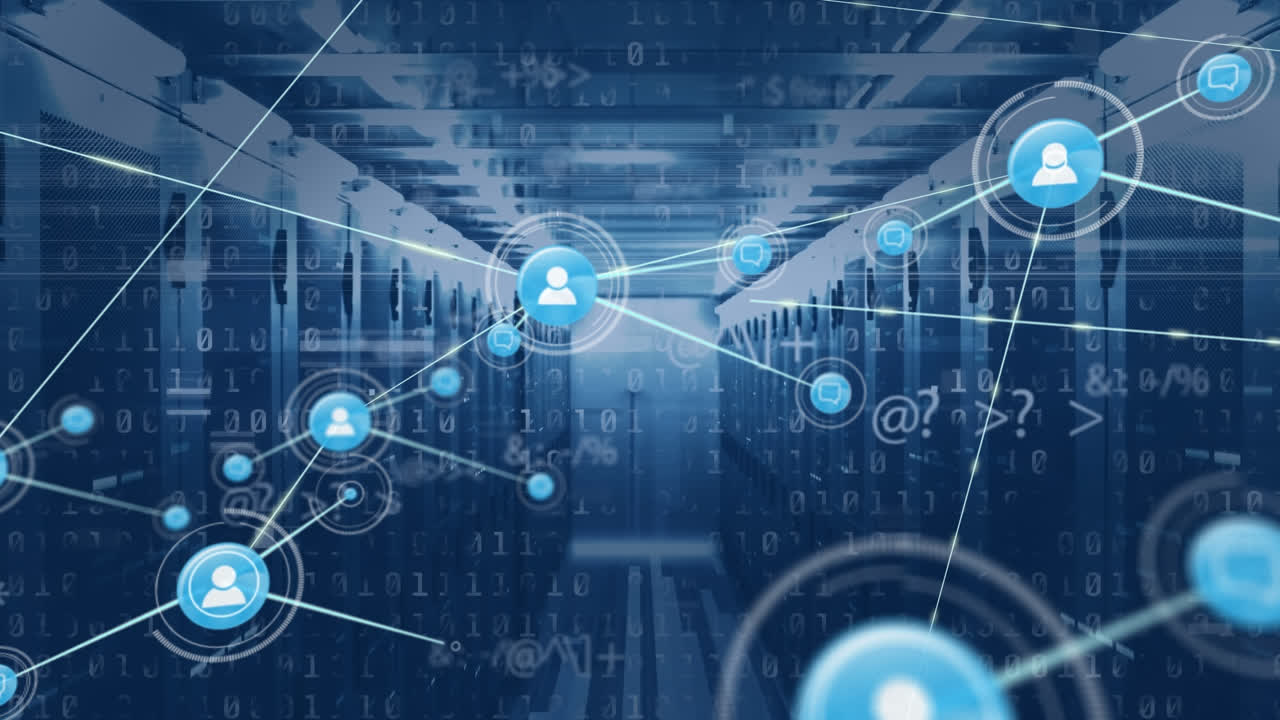 Animation of network of connections with digital icons over computer servers