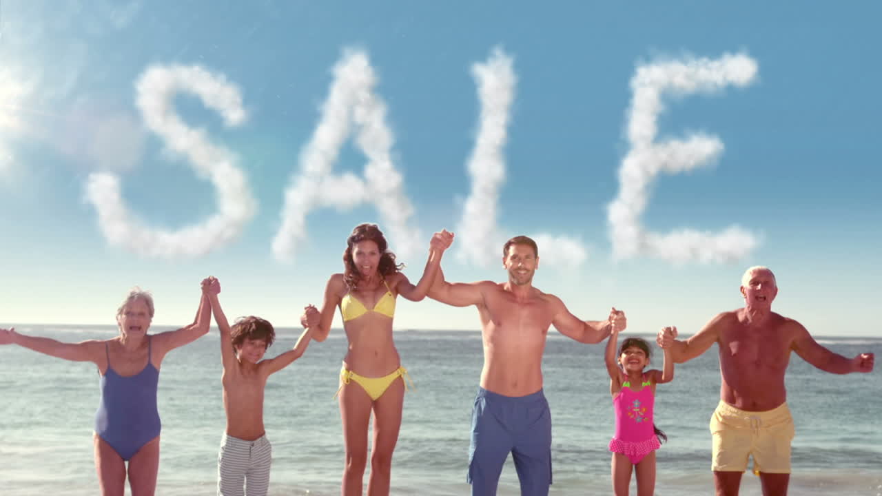 해변에서 뛰어다니는 대가족