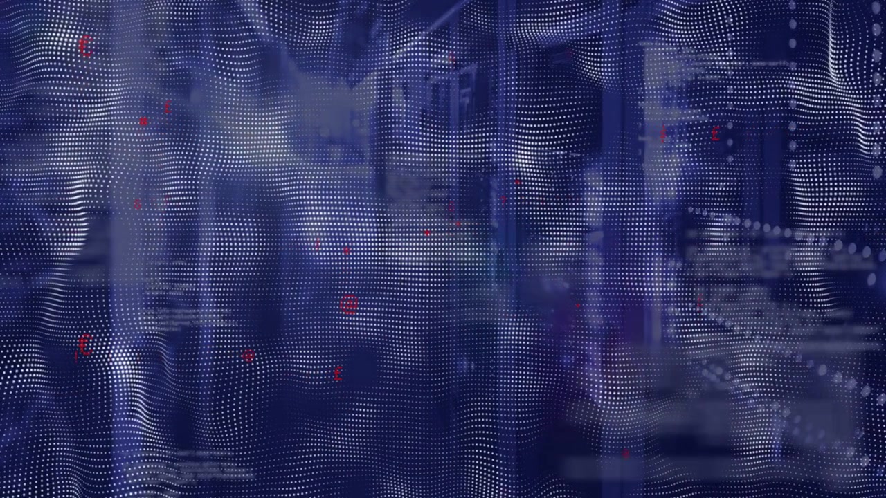 Animated dotted mesh waving causing thinning, revealing server racks and red nodes, showing data
