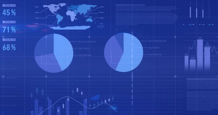 Animazione di elaborazione dati e forme su sfondo blu