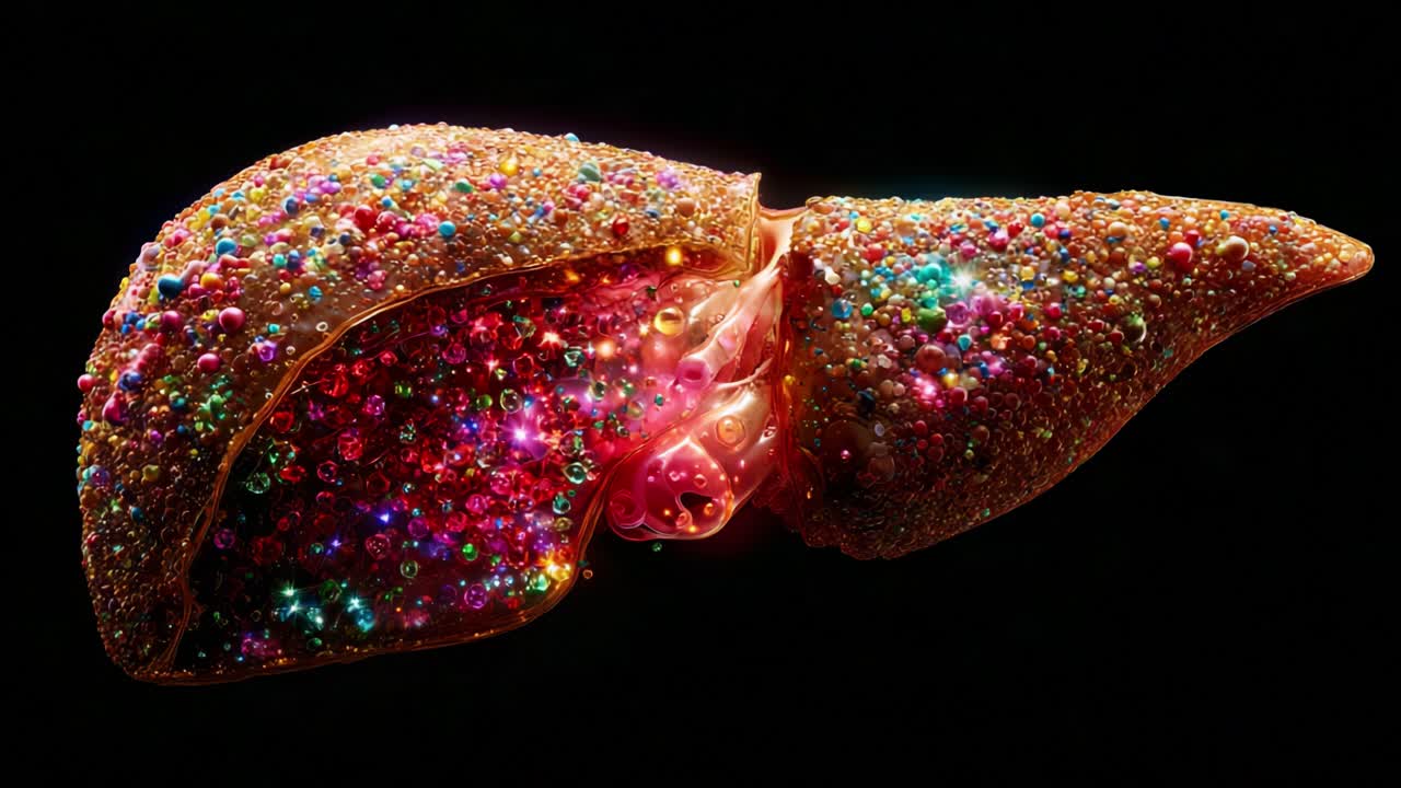 A Mystical Representation of a Human Liver Adorned with Colorful Jewels and Sparkling Lights, Illustrating the Beauty and Complexity of Internal Organs with Artistic Flair
