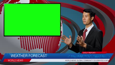 live news studio with male anchor reporting on the weather forecast, video story show green chroma key screen placeholder copy space.television newsroom channel with professional presenter