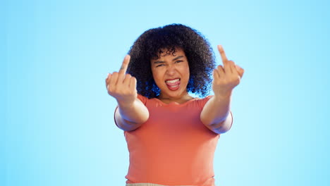 black woman, angry and middle finger in studio