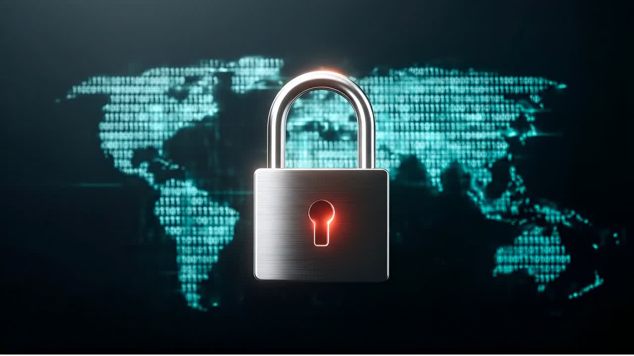 Digital lock on world map. A digital lock appears over a map of the world