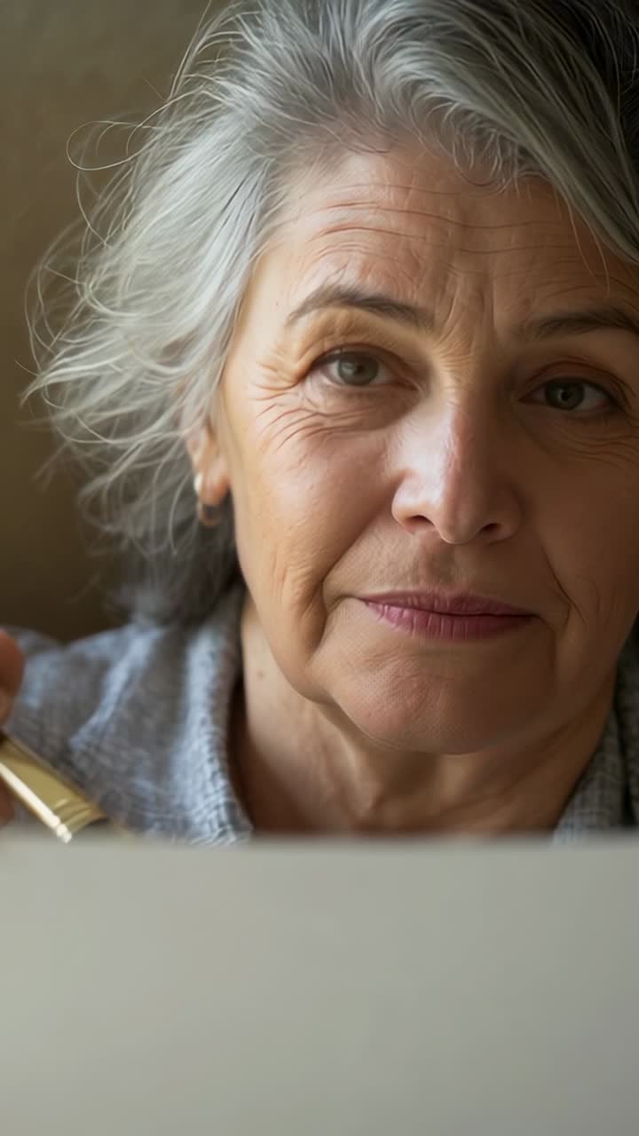 Vertical video: Holding brush near canvas at home, senior woman pausing, assessing art in gray top