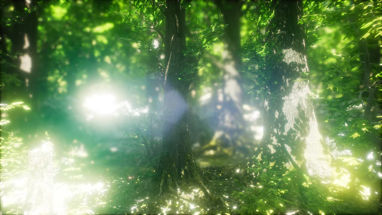 태양 광선과 함께 안개 봄 숲에서 아침