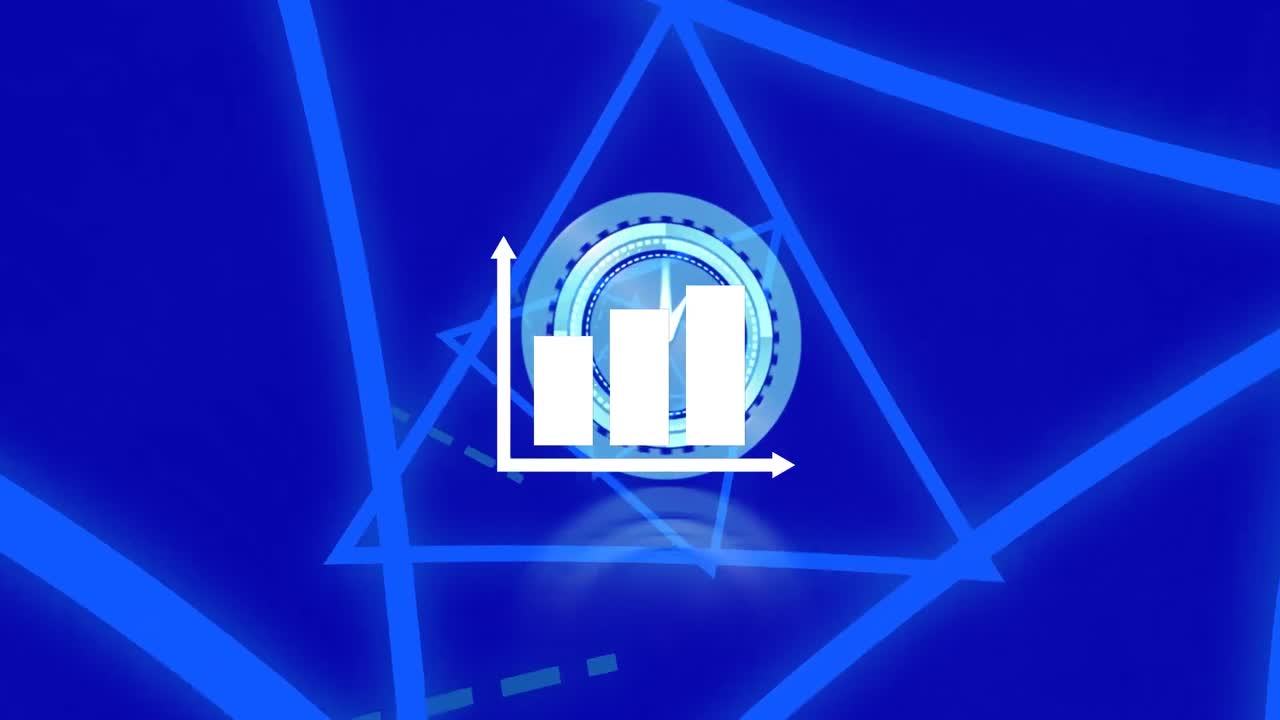 animación de gráfico y reloj en movimiento sobre triángulos sobre fondo azul