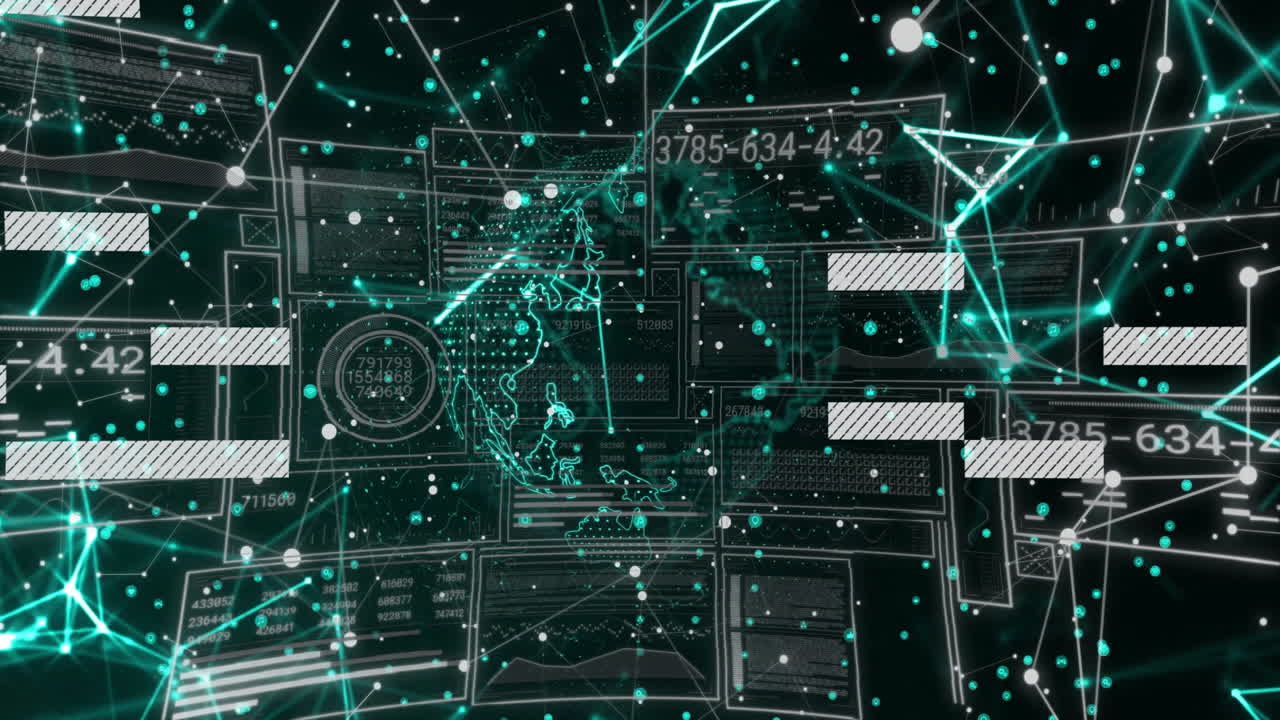 Animation of digital interface with glowing lines and numbers in data network