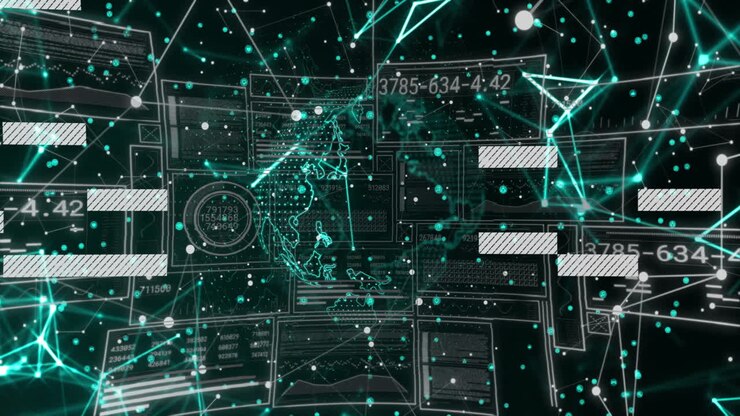 Animation of digital interface with glowing lines and numbers in data network