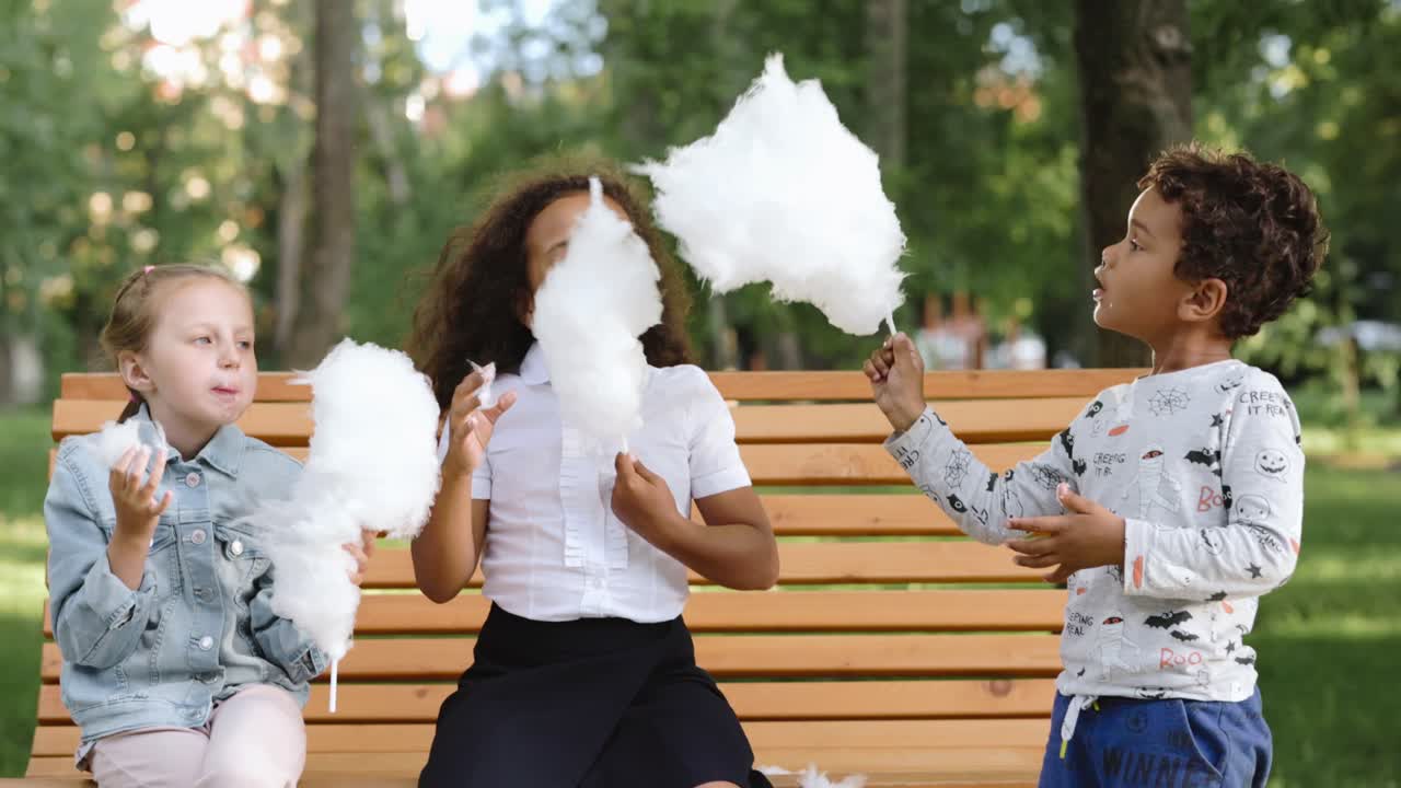 Children Enjoying Cotton Candy in a Park