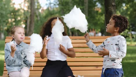 children enjoying cotton candy in a park