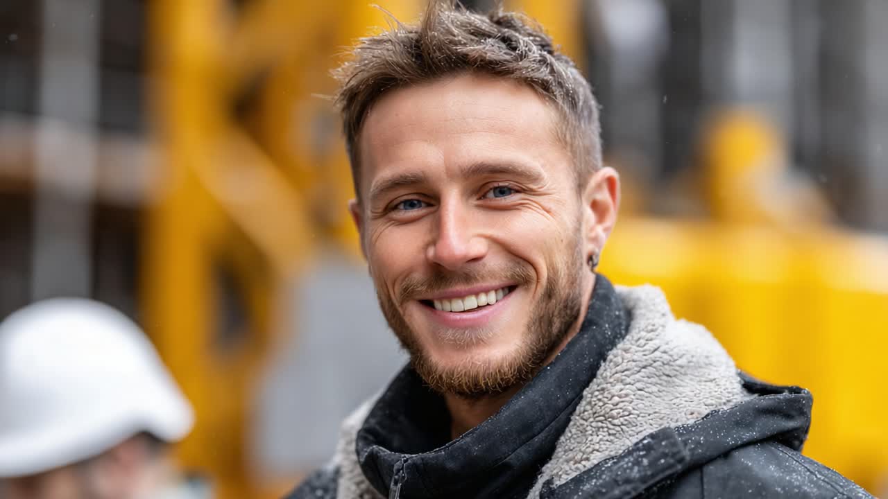 A Confident Young Man Smiling at a Construction Site, Radiating Positivity and Professionalism Amidst Heavy Machinery and Industrial Background