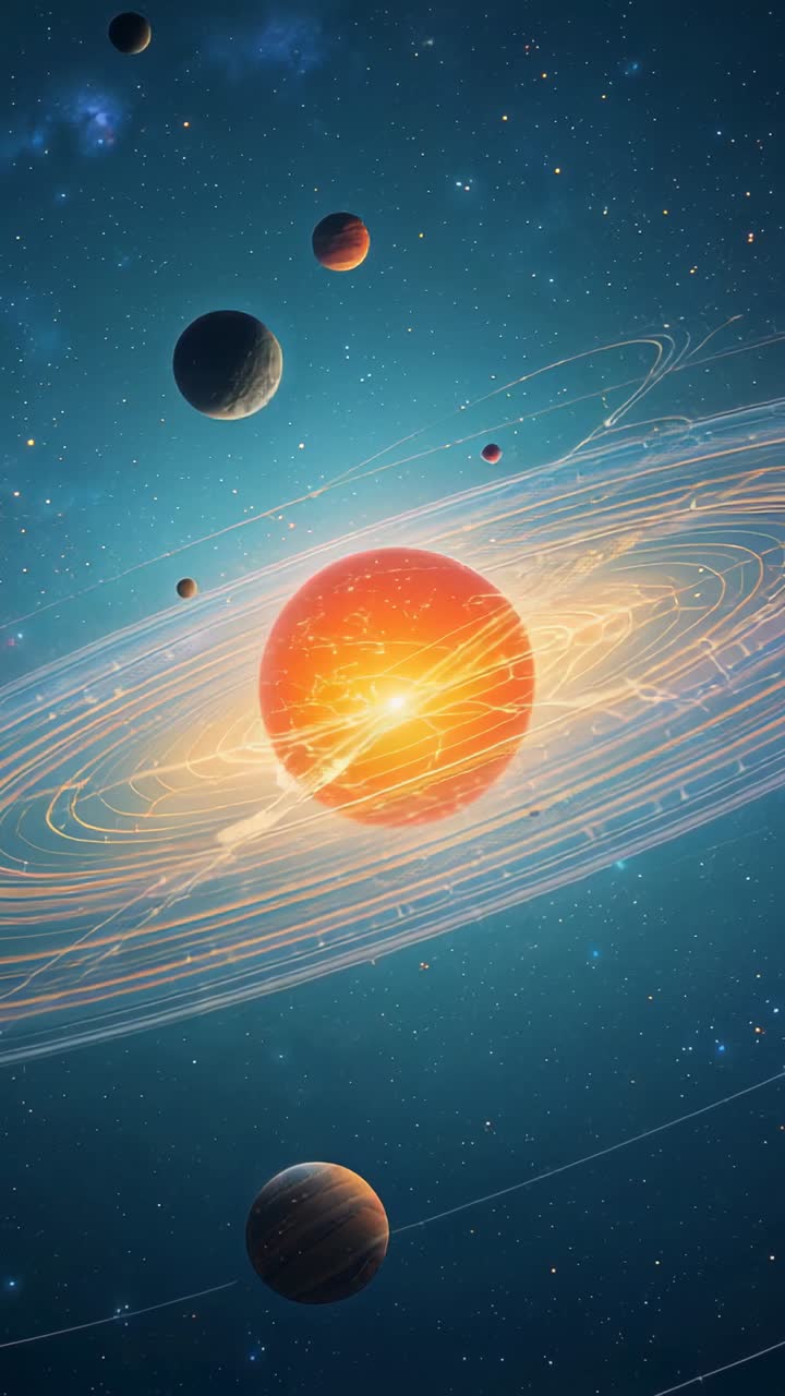 Vertical video: Pulsing glowing star sending waves through rings in space, with orbiting planets