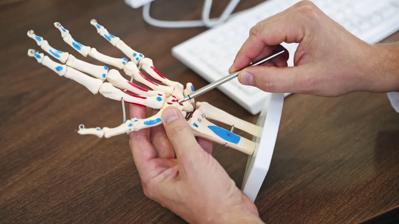 Hand skeleton model. Doctor showing the work of human's hand on a model on the table background. Concept of medicine.