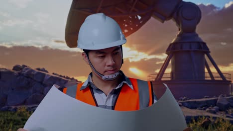 close up of asian male engineer with safety helmet looking at blueprint in his hands and looking around while standing with large satellite dish