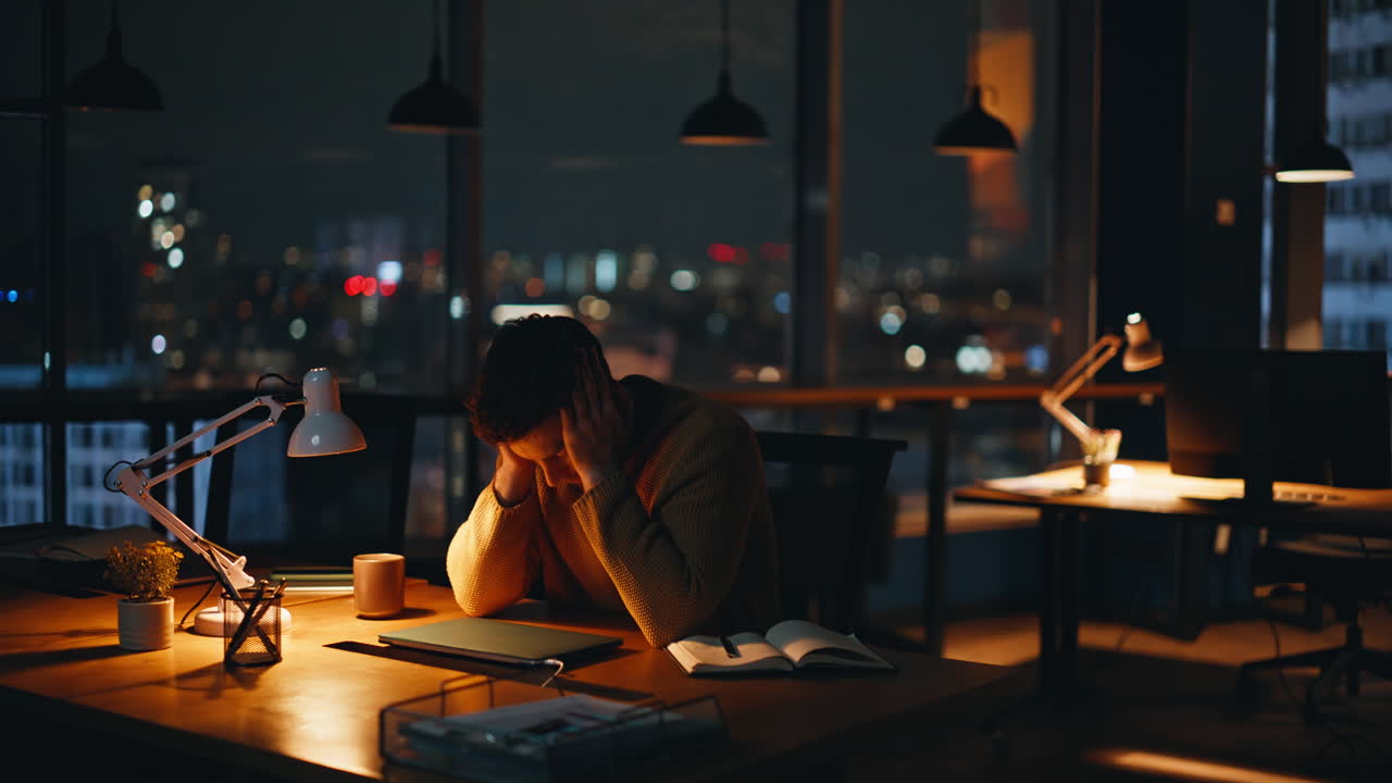 Uomo stanco che lavora fino a tardi di notte in un ufficio moderno
