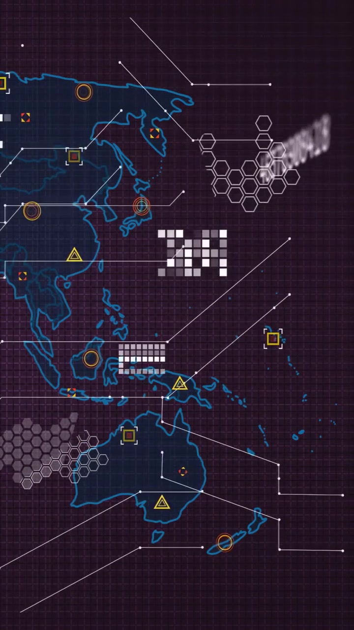 Camera pulling back from numeric overlay APAC map showing pulsing markers rising bars for defense