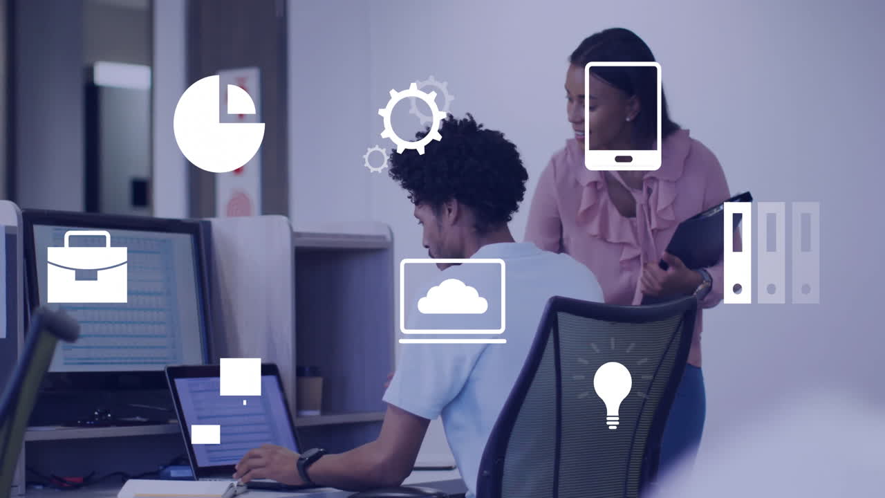 iconas de negocios animación sobre colegas que trabajan en computadoras en la oficina moderna