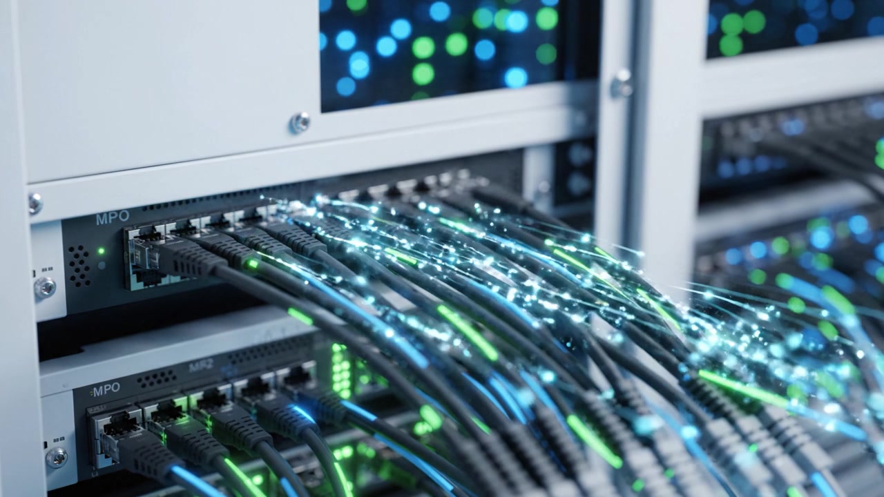 Intricate Network Connections in Data Center Showcasing Fiber Optic Cables and LED Lights Highlighting High-Speed Data Transfer and Advanced Technology