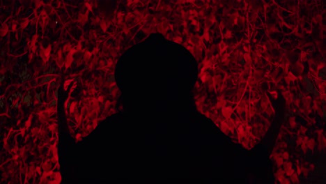 espeluznante sombra de mujer disfrazada levantando los brazos hacia el follaje de los árboles iluminados en rojo culto aterrador
