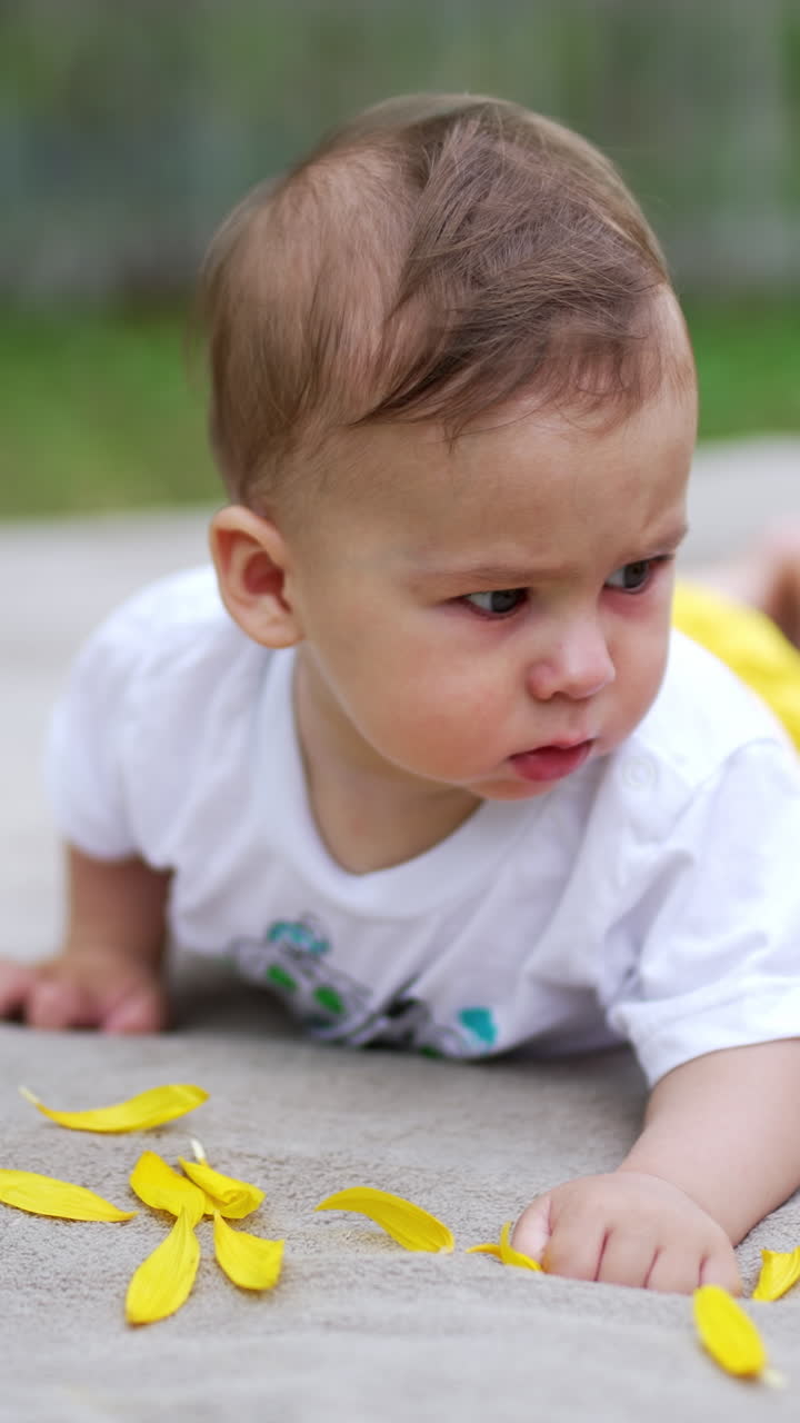 Nice cute baby boy lies on his belly outside on the plaid. Sunflower petals are in front of the kid but he looks away. Blurred backdrop. Vertical video