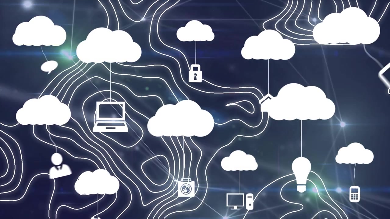 Animation of digital icons tied to cloud icons and topography against network of connections