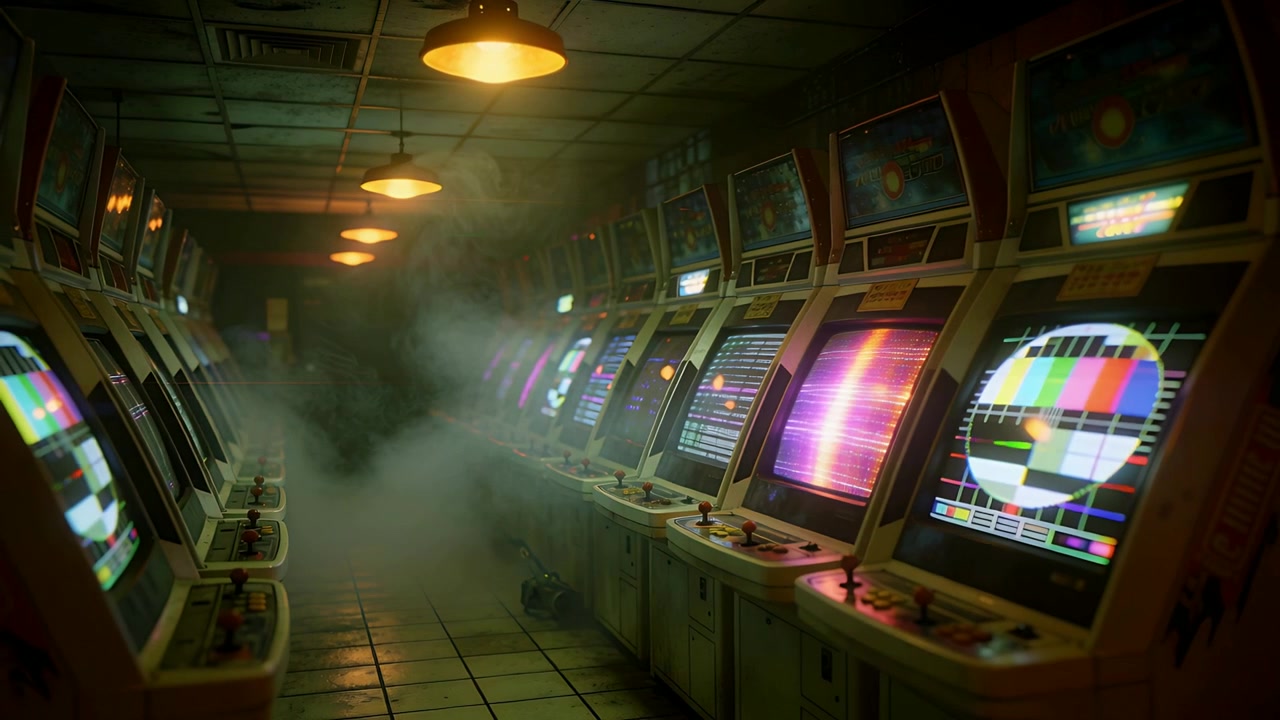 Fumo che sale da una scatola a pavimento difettosa in un corridoio di una sala giochi retrò, con cabinati CRT che sfarfallano