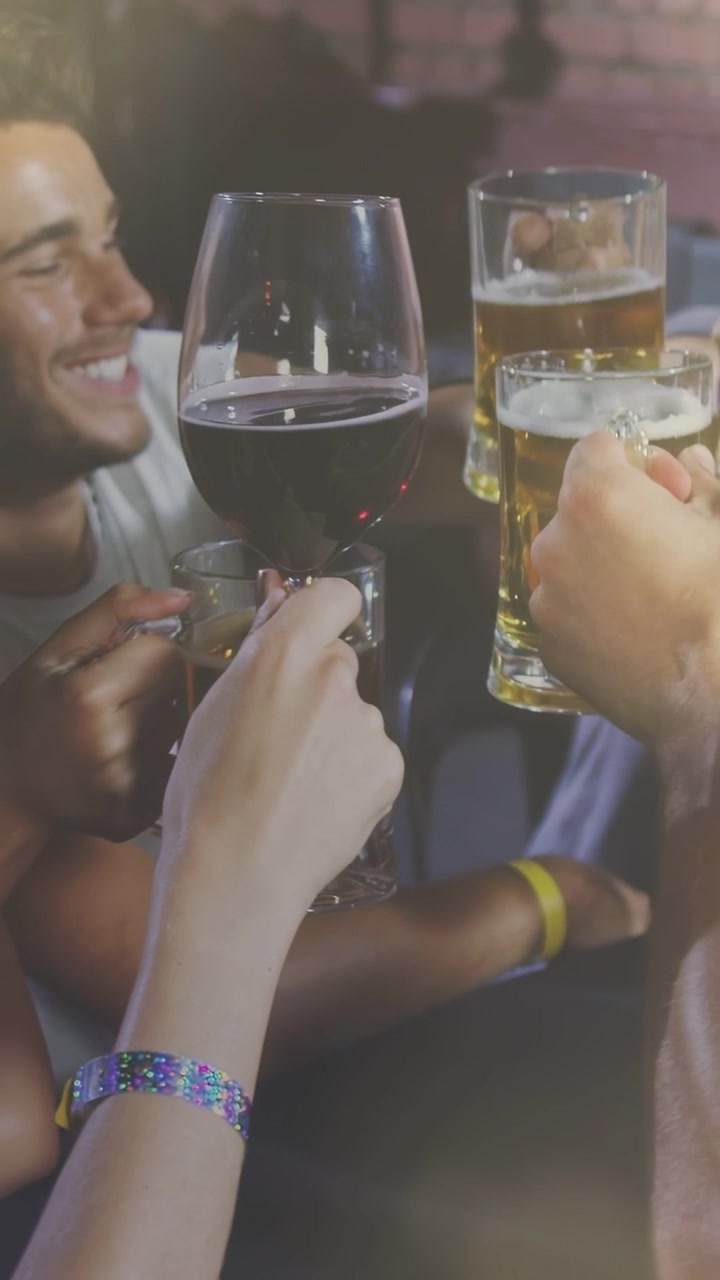Vertical video: Bar group raising mugs and wine, woman reaching toasting, camera revealing faces