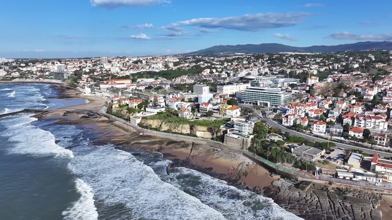 Estoril Coast At Cascais In Lisbon District Portugal. Beach Landscape. Tourism Landmark. Cityscape Aerial View. Estoril Coast At Cascais In Lisbon District Portugal