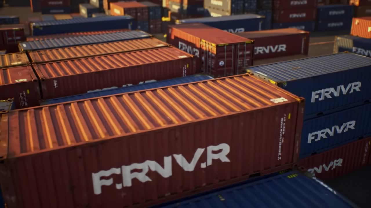 A large collection of shipping containers fills a vibrant port. Various colors and sizes create a visually striking landscape under clear skies as cranes operate in the background.