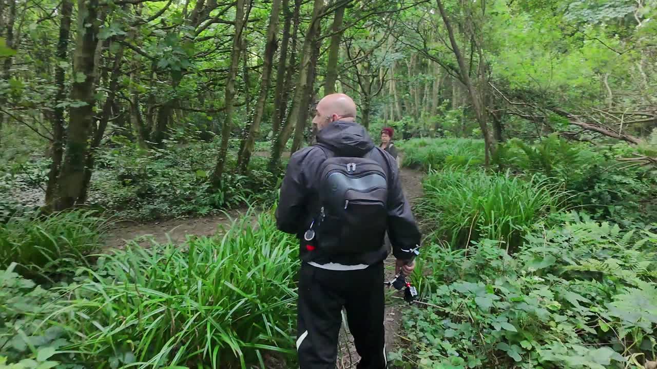 Man and his dog exploring woodland castle ruins in dense forest wilderness environment