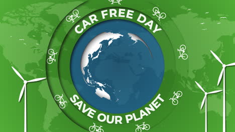 car free day. graphic animation with the planet earth rotating. bicycle and windmill icons on a green background with a world map. looped video. save our planet.