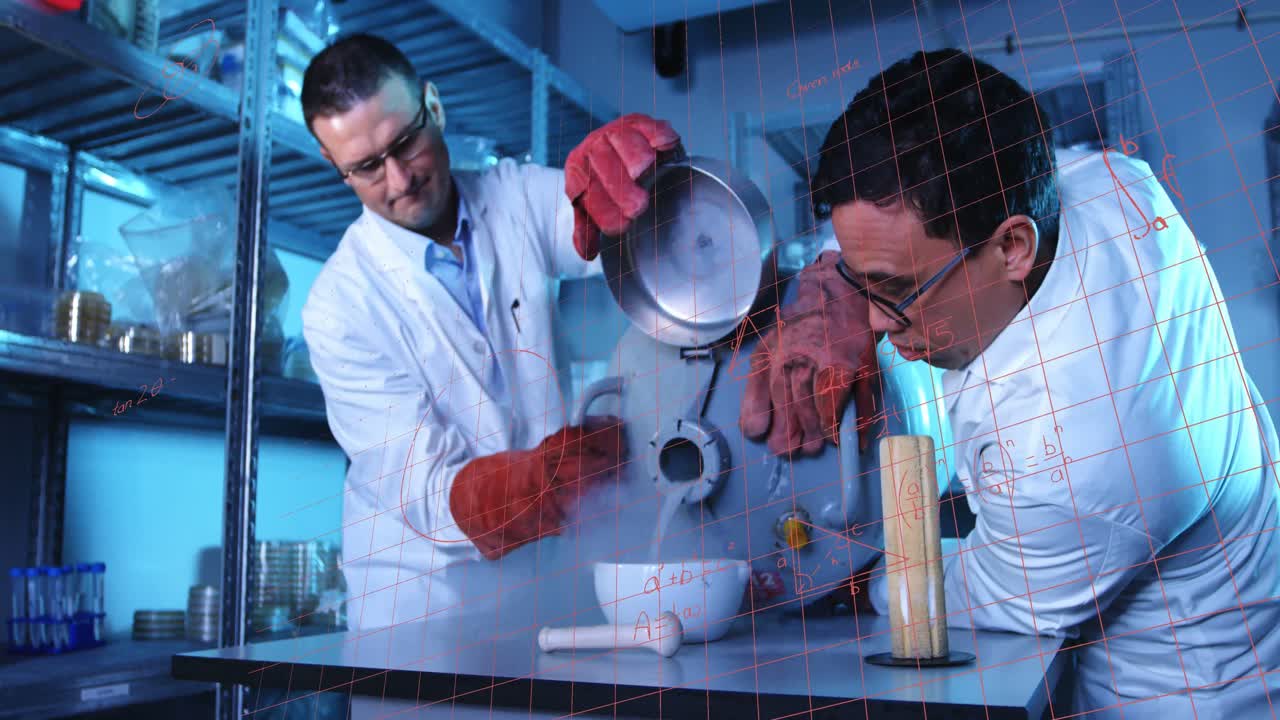 animación de ecuaciones matemáticas sobre diversos científicos varones en el laboratorio