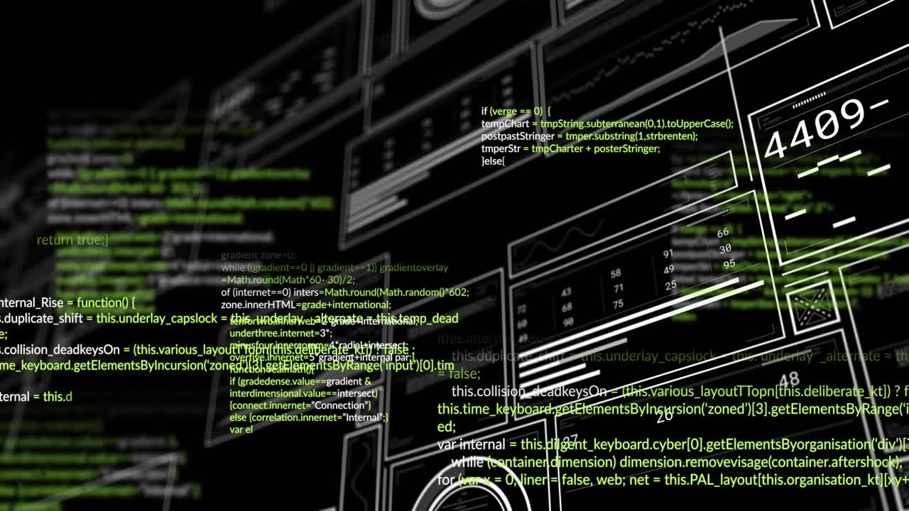 Wireframe HUD wall moving as camera pan triggers readouts popping forward to reveal data