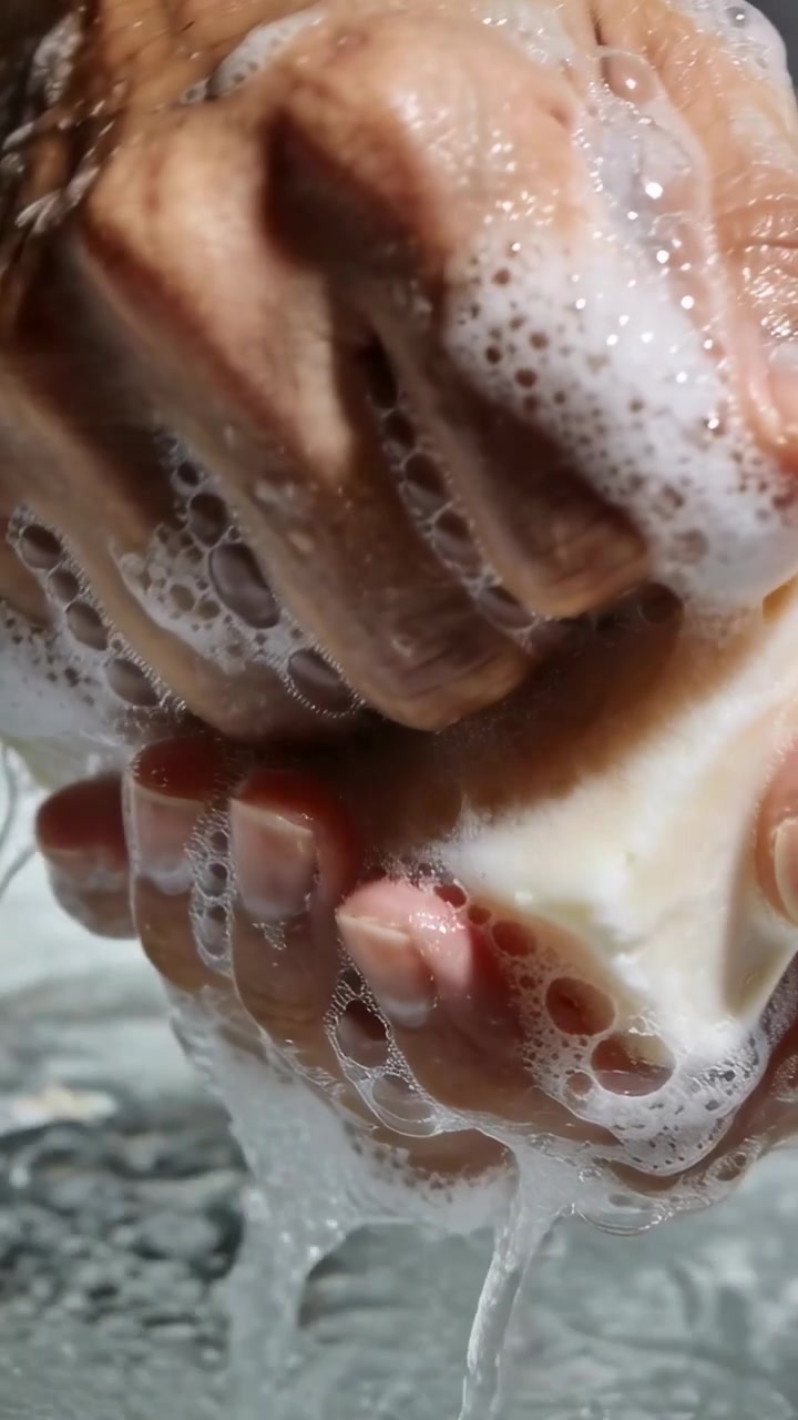 Video vertical: Grifo abierto, manos presionando jabón en el lavabo, creando espuma para limpiar las manos.