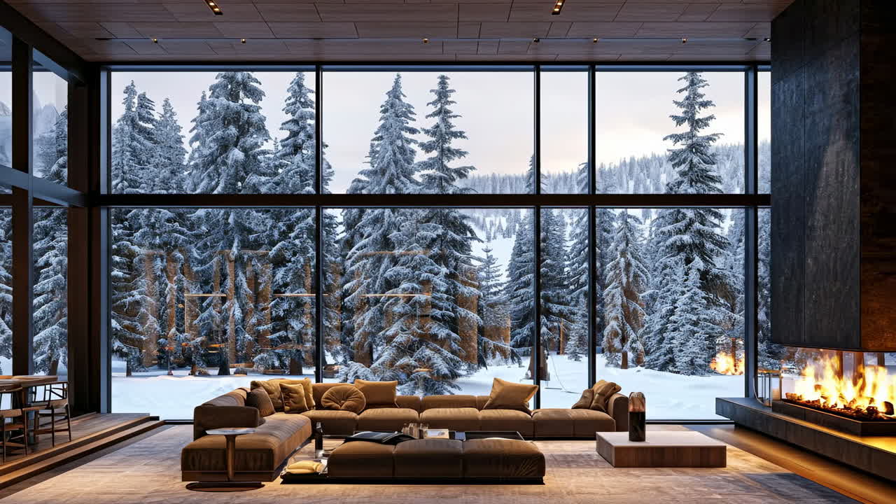 Cozy winter retreat with a snowy view. A modern living room features a warm fireplace and large windows overlooking a snowy forest landscape