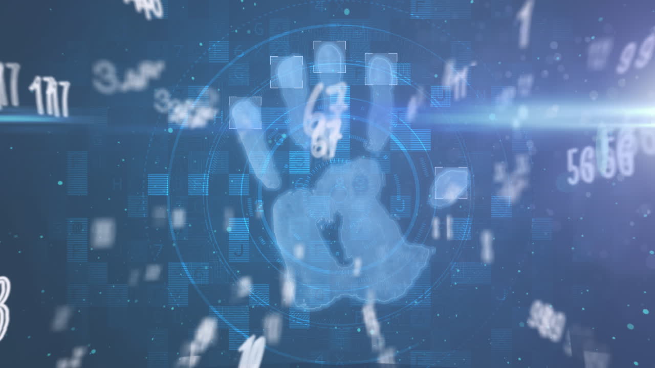 수치 변화와 범위 스캐닝과 함께 생체 측정 손 인쇄의 애니메이션