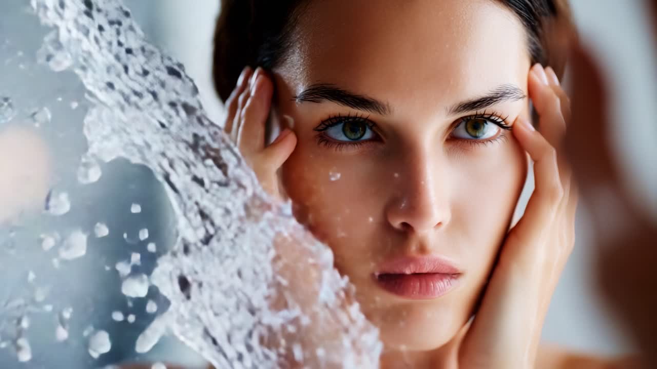 A Close-Up Exploration of a Woman's Facial Expression Amidst Water Splashes, Capturing the Essence of Beauty and Emotion in a Serene Yet Intense Moment