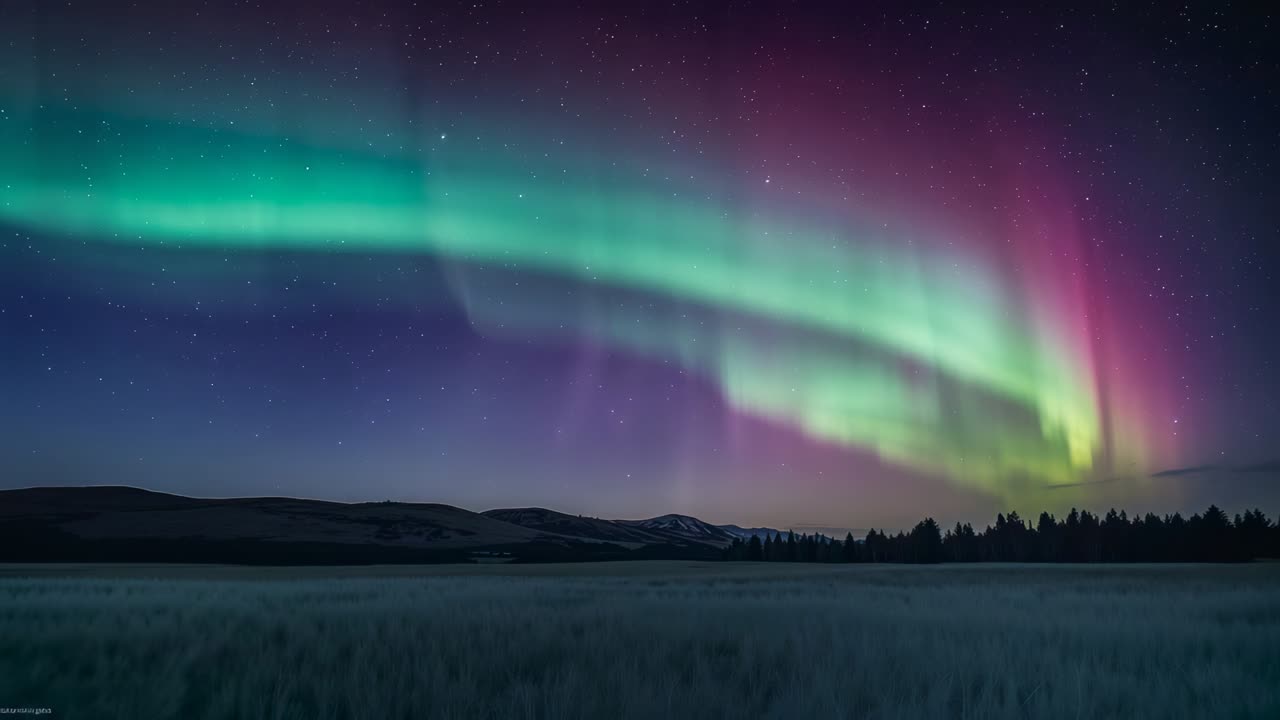 Shifting green-pink aurora brightening and sweeping across frozen plain at night, from solar wind