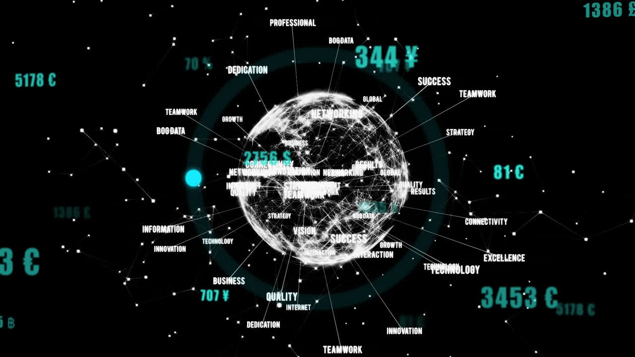 Animation of animation of network of connections with globe on balck background