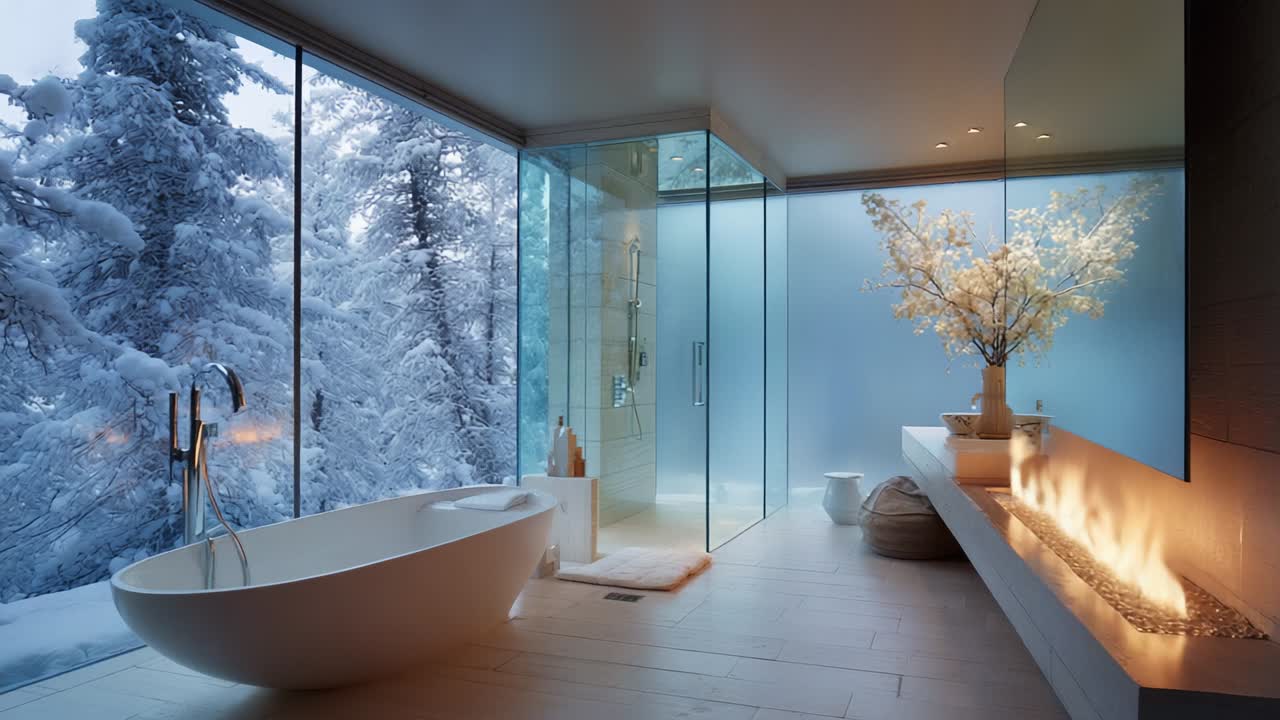 A Serene Winter Retreat: Luxurious Bathroom Design with Elegant Freestanding Bathtub, Floor-to-Ceiling Windows, and Cozy Ambiance Created by a Modern Fireplace Surrounded by Picturesque Snowy Landscape