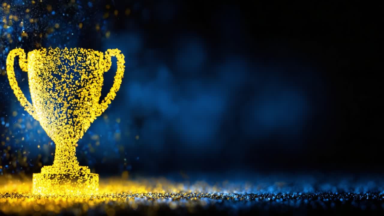 Un trofeo brillante che simboleggia successo e realizzazione, illuminato da uno scintillante display di particelle su uno sfondo scuro.