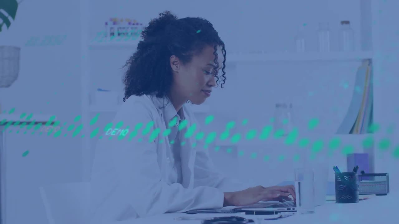 Animation of data processing over biracial female doctor writing