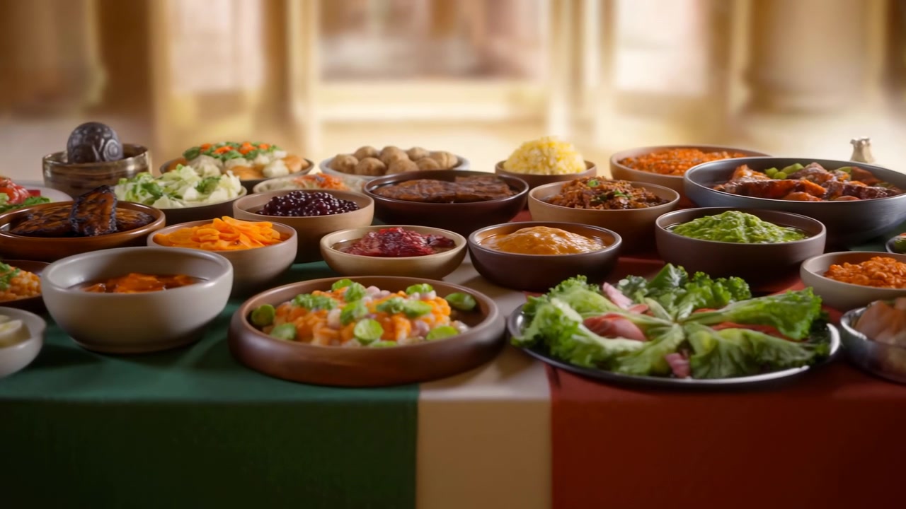 Un salón de banquetes formal está preparado para un evento elegante, mostrando una exhibición de comida bellamente organizada. La vista lateral revela una mesa de madera adornada con cuencos y ensaladas, todo cuidadosamente cubierto.