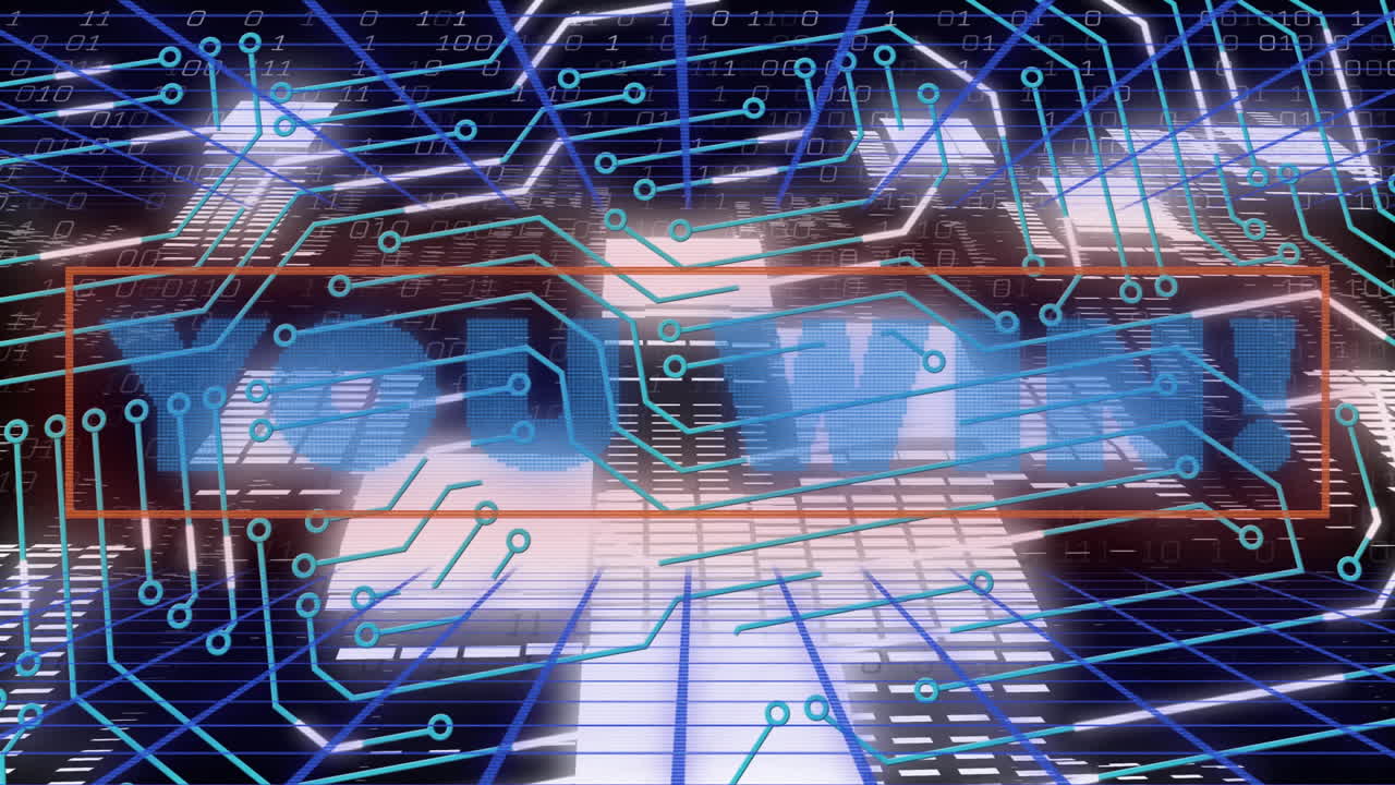 Overlaying animation of futuristic circuit board on cityscape with digital connections